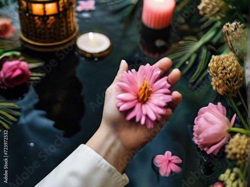 Photo high angle view of people hand in water with flowers palmsunday ritual photo