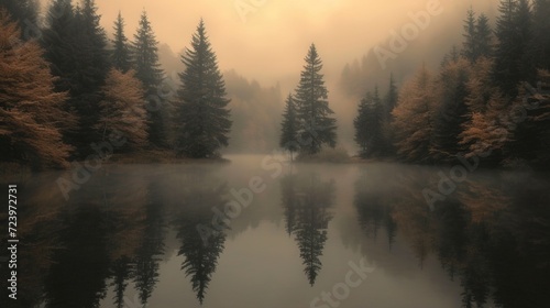 Calm misty lake surrounded by foggy forest. AI