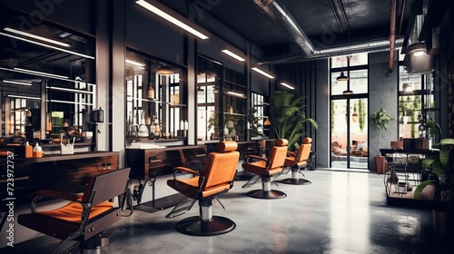 Men beauty hair salon or barber shop interior in luxury and elegant design. Hairdressing business concept. Created with Generative AI photo