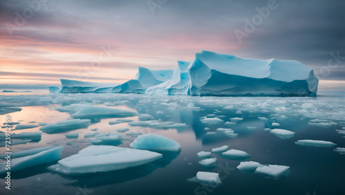 Mesmerizing icebergs floating in a serene arctic landscape with a polar twilight sky. Wide format.