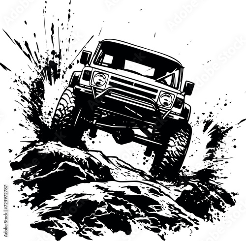 Bold black and white graphic highlighting the offroad car's silhouette navigating through mud.