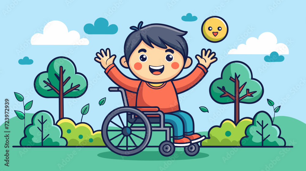 Happy child in wheelchair enjoying outdoors in vector illustration