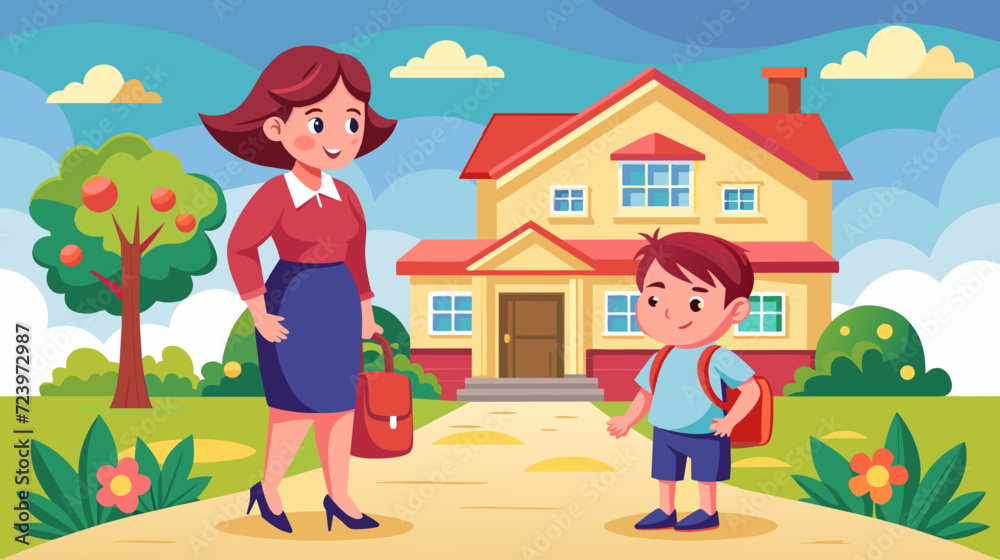 Cheerful mother sending child to school in front of house
