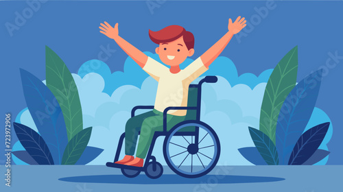 Happy young person in wheelchair celebrating outdoors, vector illustration