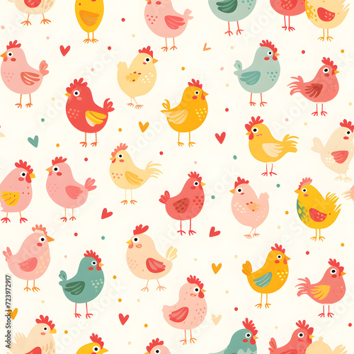 Cute chicken seamless pattern. Animal background.