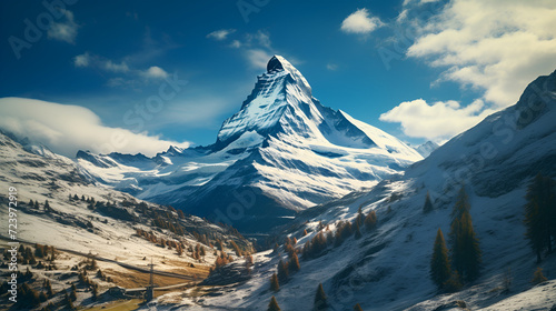 Panorama mountain autumn landscape,  view to the majestic Matterhorn mountain, Valais, Switzerland, Generative Ai photo