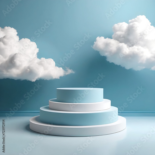Cloud background podium blue 3d product sky white display platform render abstract stage pastel scene. Podium stand light minimal cloud background studio dreamy pedestal backdrop geometric.