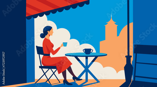 Elegant woman enjoying coffee at a street cafe vector illustration