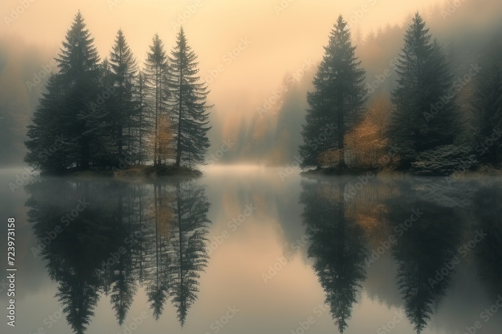 A serene misty forest and lake in gentle sepia tones, creating a tranquil haven exuding solitude. 