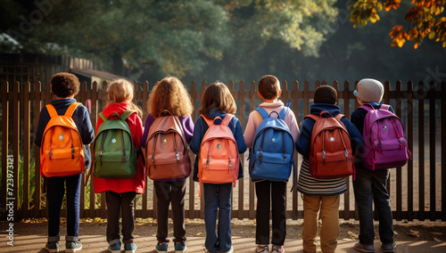 group of kid's returning to school with new backpacks