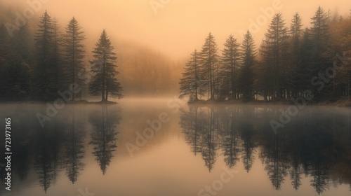 A serene misty forest and lake in gentle sepia tones, creating a tranquil haven exuding solitude. 