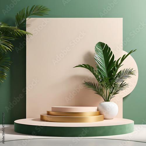 Product stone podium for cosmetic beauty presentation. Stone podium with green leaves on beige background. Product  cosmetic stand organic platform mockup. AI generated illustration