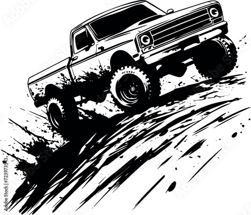 Bold black and white graphic highlighting the offroad car's silhouette navigating through mud.