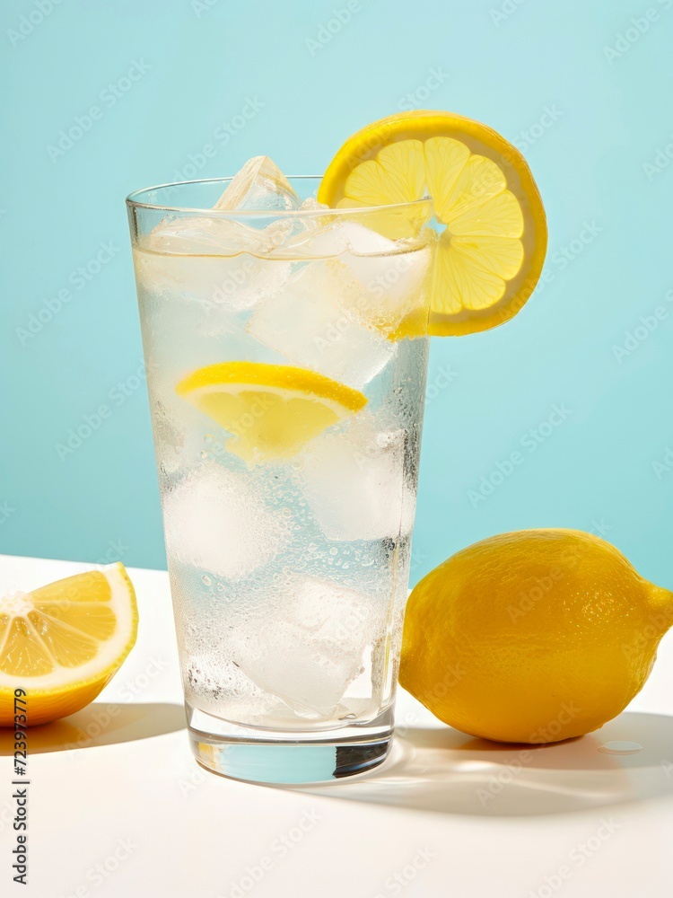 Glass of water with ice and lemon on blue background. Glass of water with ice and lemon on blue background.