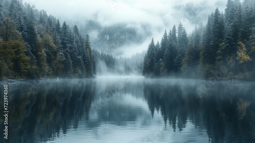 Foggy lake in morning misty forest. Desaturated colours. AI © Falk