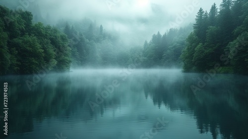 A serene lake embraced by a morning mist, cradled within a lush forest. AI generated image © Falk