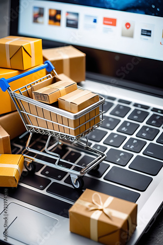 Seamless online shopping boxes pile up in a cart atop a laptop