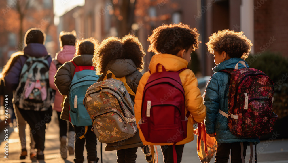 a group of kid's returning to school with new backpacks