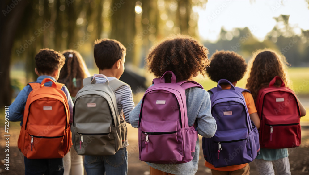 a group of kid's returning to school with new backpacks - obrazy, fototapety, plakaty 