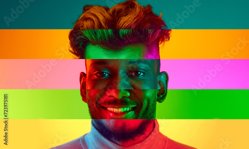 Human face made from different portrait of men and women of diverse age and race. Combination of faces against multicolored background. Concept of social equality, freedom, diversity, acceptance. Ad photo