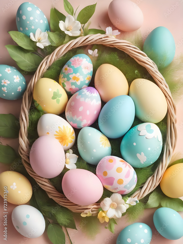 Basket of Colorful Easter Eggs in Spring Grass