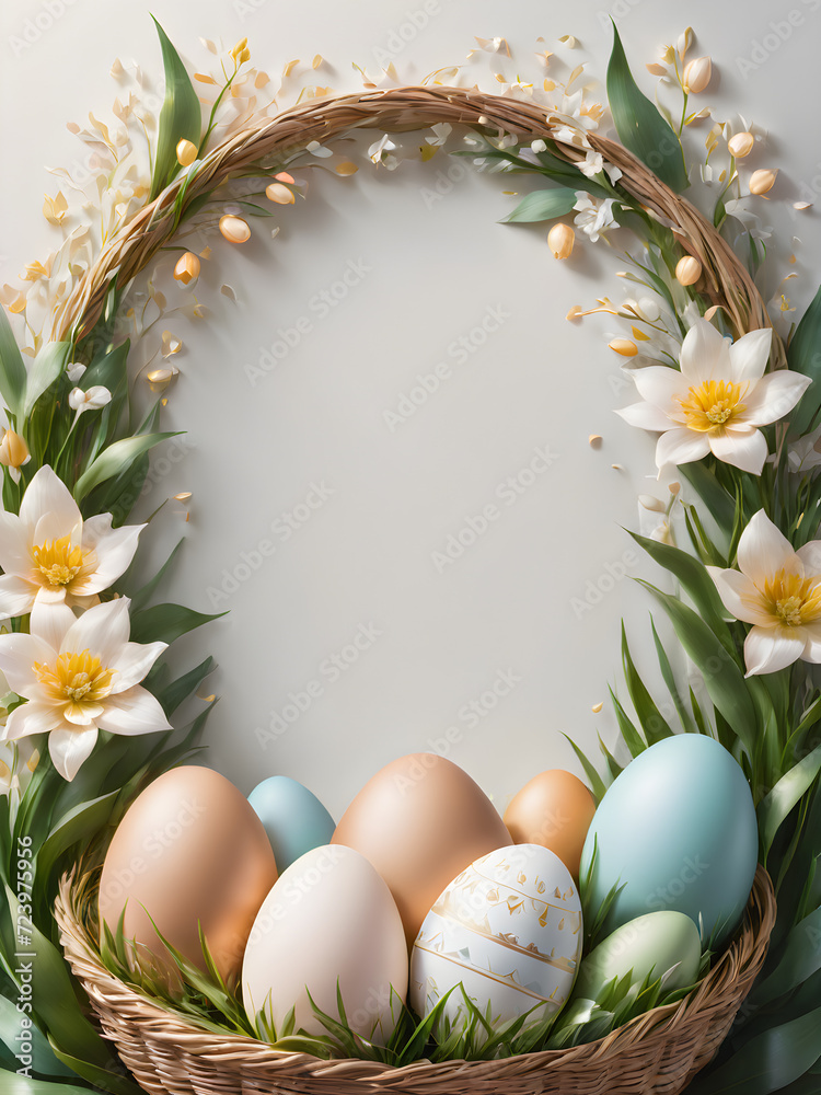 Basket of Colorful Easter Eggs in Spring Grass Basket of Colorful Easter Eggs in Spring Grass