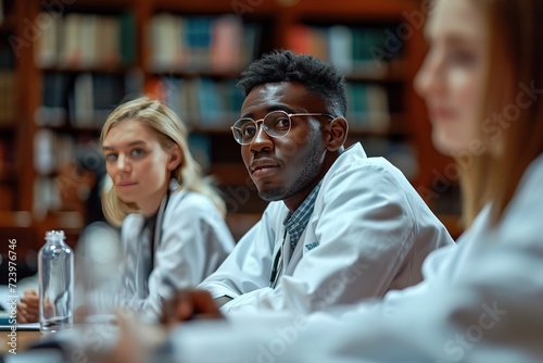Class of diverse medical students learning and discussing in a university library
