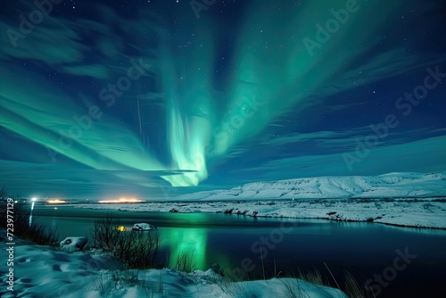 Ethereal beauty of the Northern Lights illuminates a stunning landscape. Captivating scene showcasing the wonders of nature and the enchanting allure of the aurora borealis