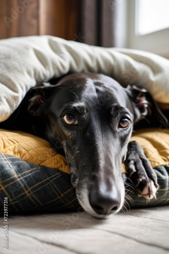 Black greyhound dozing peacefully inside dog bed with head resting on paws.