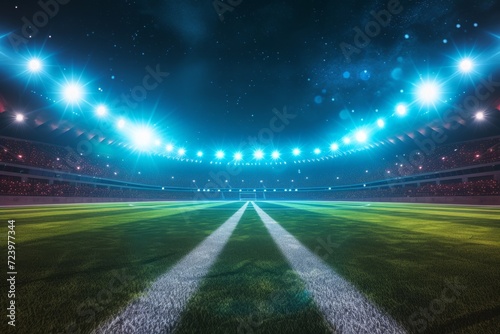 Vibrant Night Setting With Perfectly Symmetrical Photo Of A 3D Rendered Football Stadium: Centered Composition With Copy Space