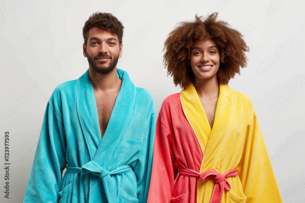 Man And Woman In Colorful Bathrobes On White Background