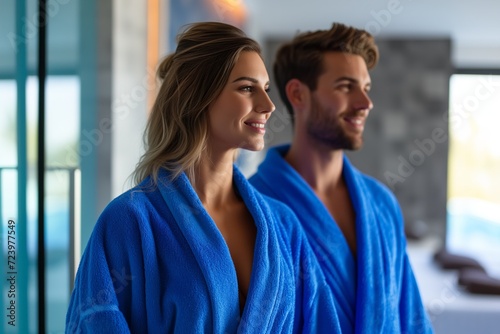 Man And Woman In Blue Bathrobes In Modern Apartment