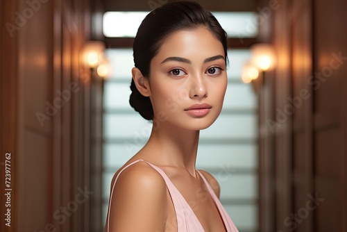 Beautiful Asian woman smiles and radiates happiness, showcasing her healthy, glowing skin Free Download Beautiful Asian woman smiles and radiates happiness, showcasing her healthy, glowing skin - GFXLoad