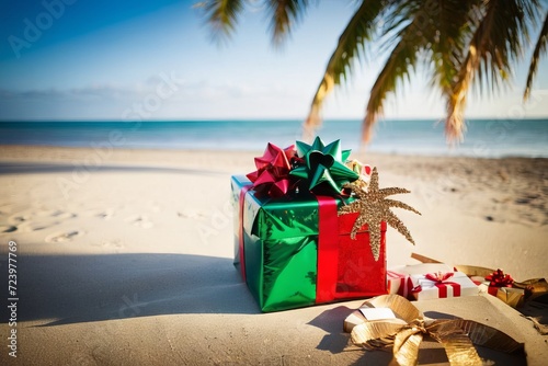 Unconventional christmas palm tree adorned with presents on a beach