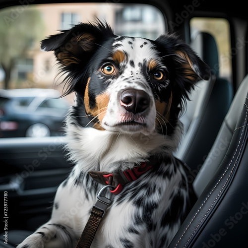 Portrait of adorable black and white dog, waiting for its owner inside the car. © AdrianGomezFoto