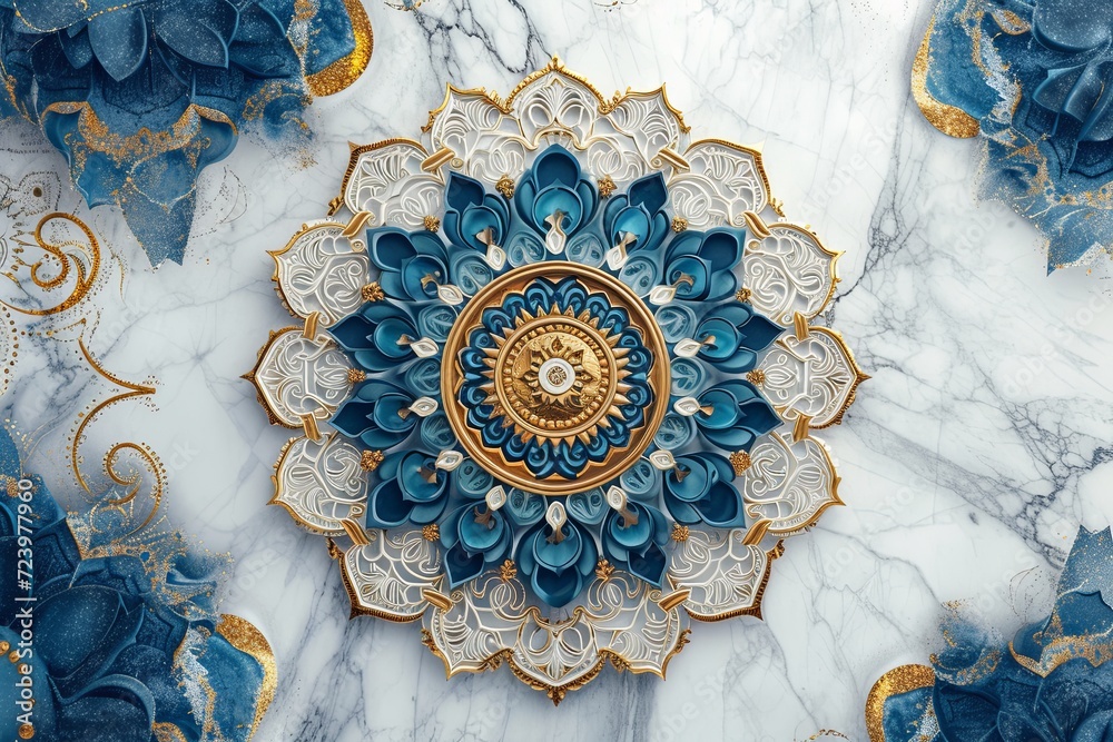 3d wallpaper stretch ceiling decoration model. mandala and decorative frame marble background
