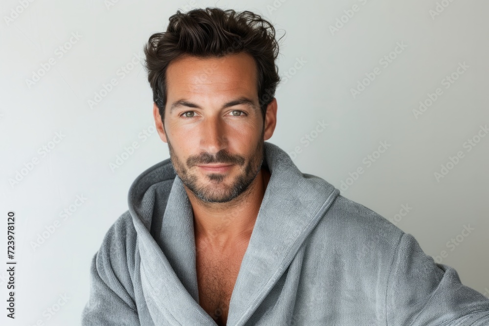 A Stylish And Handsome Man Sporting A Grey Bathrobe On A White Background A Stylish And Handsome Man Sporting A Grey Bathrobe On A White Background
