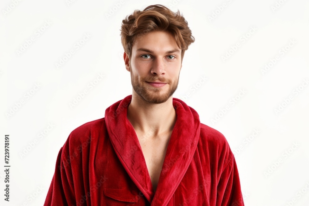 A Handsome Man Poses In A Red Bathrobe Against A White Background A Handsome Man Poses In A Red Bathrobe Against A White Background