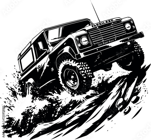 Bold black and white graphic highlighting the offroad car's silhouette navigating through mud.