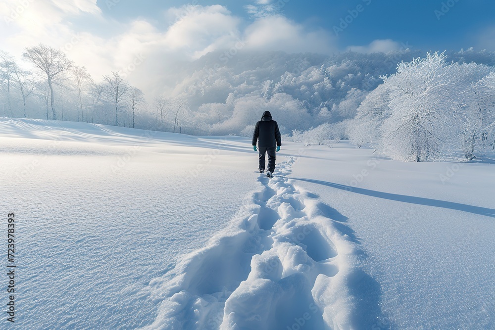 Man walking, creating path in deep winter snow