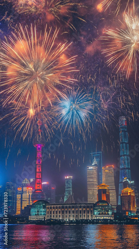 Celebration fireworks and city skyline in china nation. Night cityscape with modern building