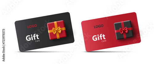 A set of gift cards with a gift box, top view. 3D. Loyalty program, bonus card. For concepts of marketing promotion of goods for holidays, birthdays. EPS 10