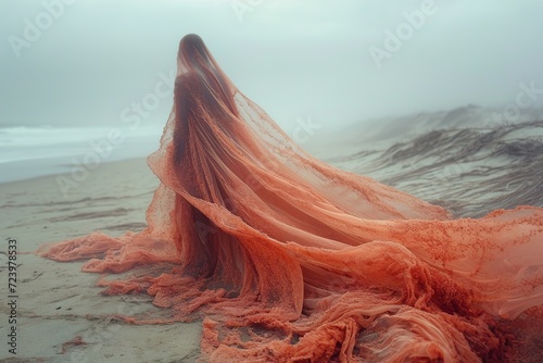 Mysterious silhouette swathed in undulating coral fabric on a foggy beach morning. #723978533