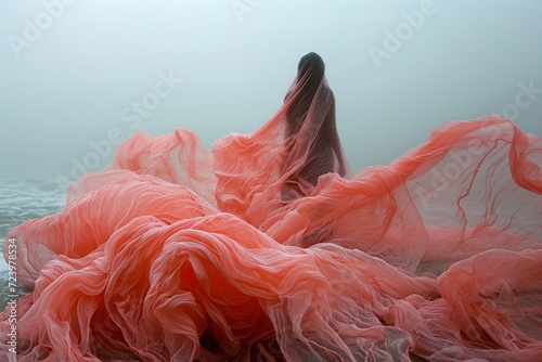 Mysterious silhouette swathed in undulating coral fabric on a foggy beach morning. photo