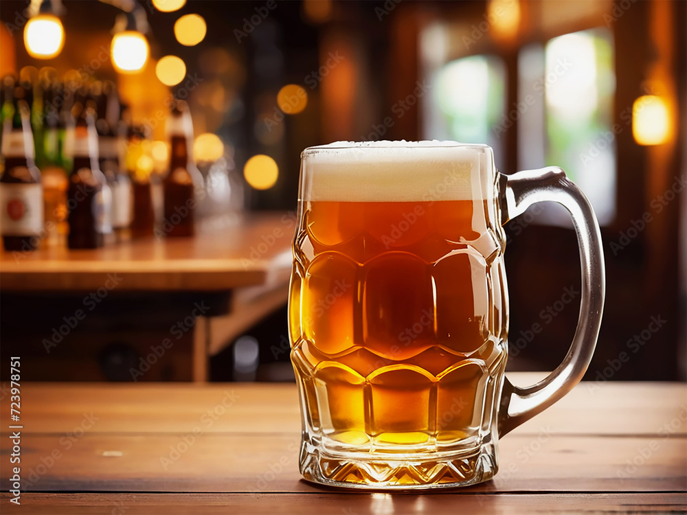 Beer Day glass of beer on table Craft beer mockup Beer Glass on a classic wooden table vintage bokeh blur Bar background close up beer mug with copy space beer bottle mock up restaurant background