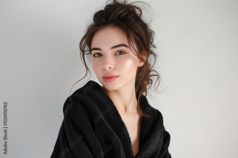 Beautiful Young Woman In Black Bathrobe On White Background Beautiful Young Woman In Black Bathrobe On White Background