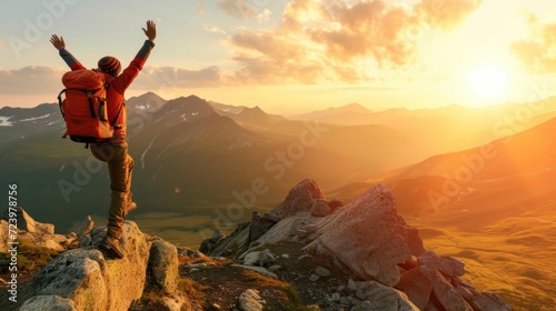 Man Standing Triumphantly on Mountain Summit With Raised Arms Generative AI © Johnathan