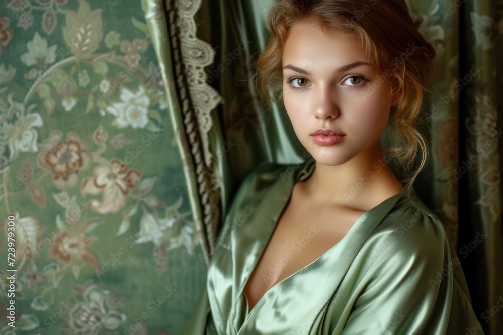 Beautiful Young Woman In Green Silk Robe