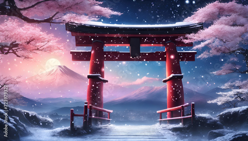 Colorful Anime Snowy Torii Gate Japanese Landscape with Sakura and Galactic Sky Background Wallpaper