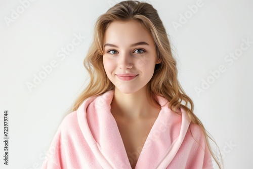 Beautiful Young Woman In Pink Bathrobe On White Background